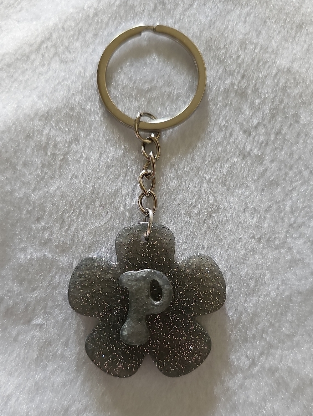 Silver Glitter Flower Keychain with Letter P